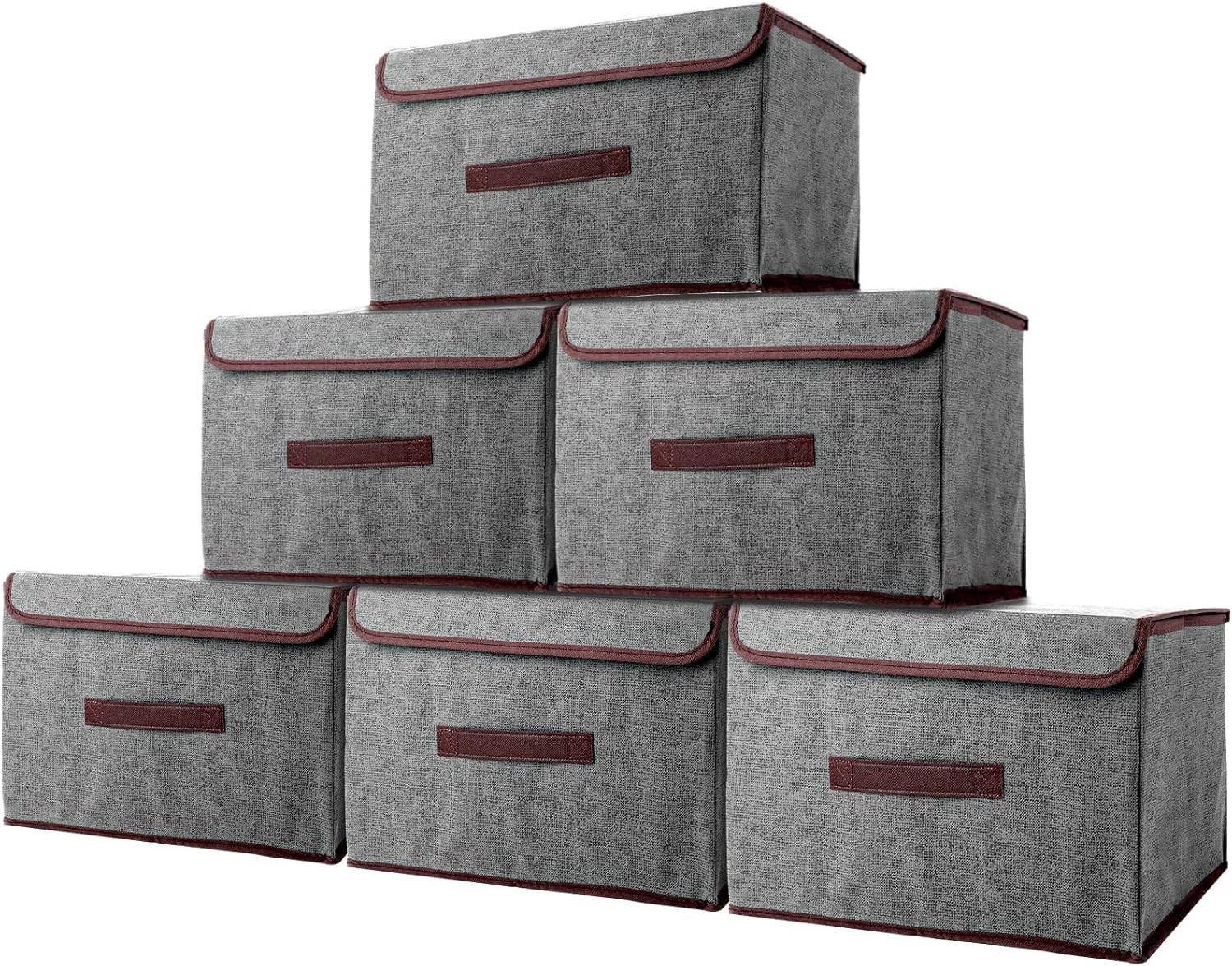 Opbergboxen van stof, 6 stuks, 36 x 23 x 24 cm, boxen met deksel, opvouwbaar, grijs voor kleding, sokken, kast, plank, kledingkast