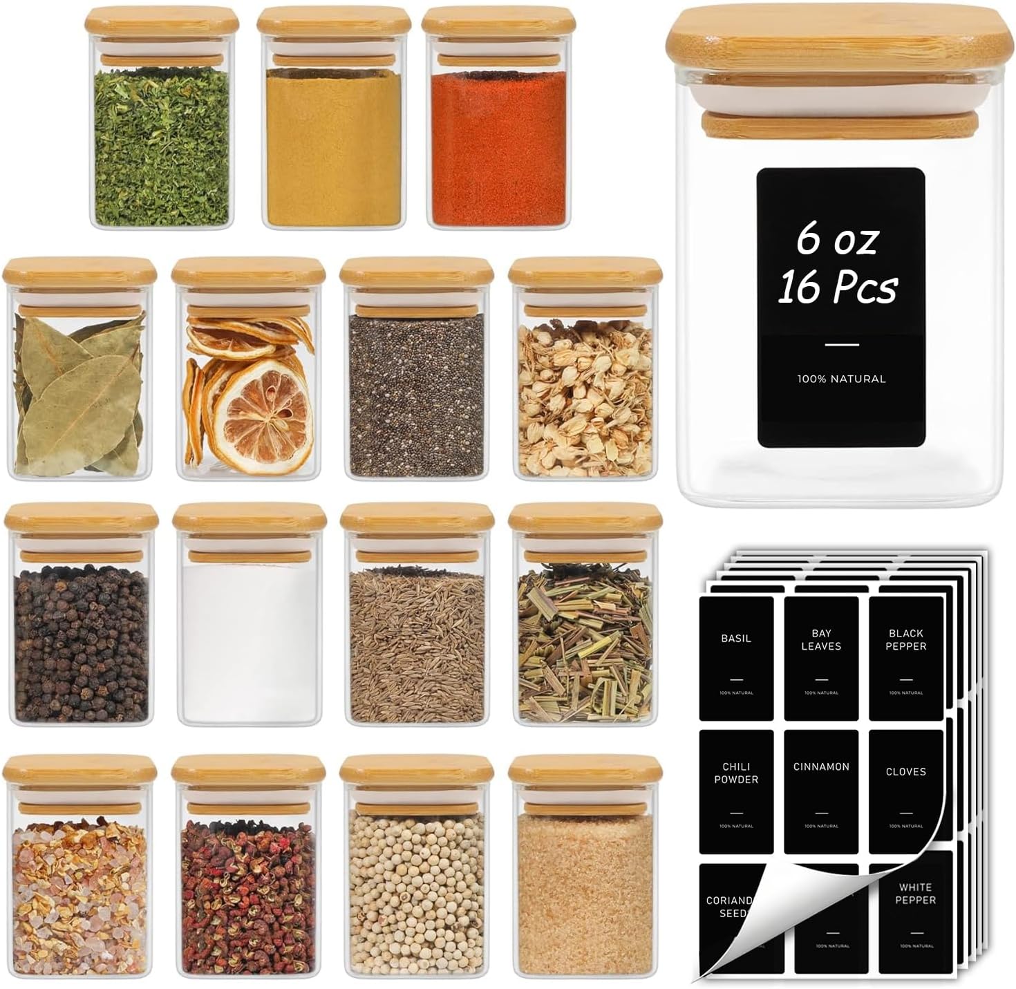 Vierkante kruidenpotjes, 12 x 120 ml, glazen kruidenpotjes met bamboedeksel, luchtdichte kruidenpotjes met 54 etiketten, voor kruiden, specerijen, kruidenrek, lade en