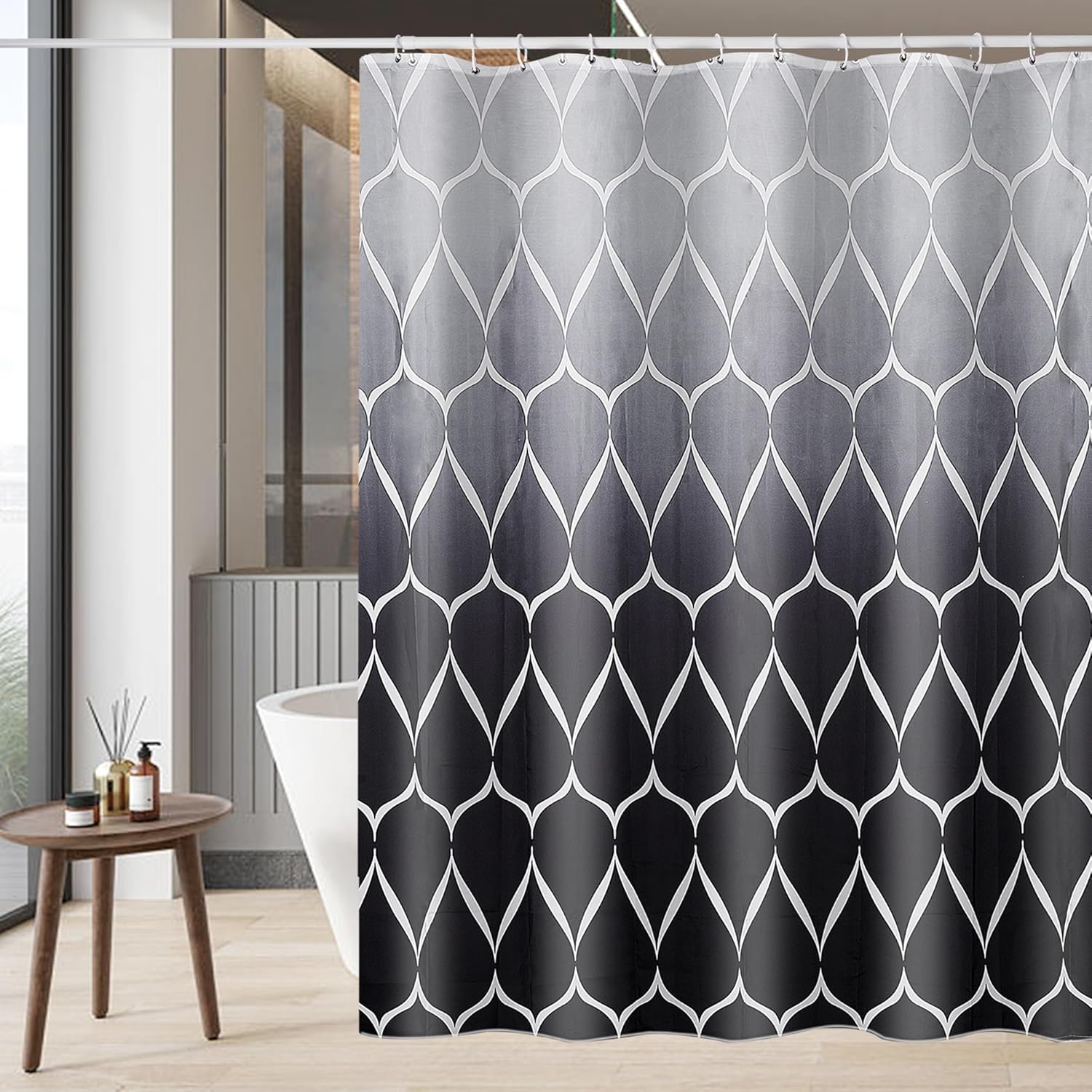 Waterdicht douchegordijn, 180 x 200 cm, met verzwaard onderkant, schimmelbestendig en wasbaar, polyesterweefsel (130 g/m²), met 12 ringen, grijs-zwart ombré