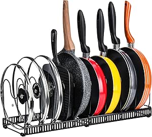 Pannenhouder voor lade, uitbreidbare pannenorganizer, dekselhouder met 10 verstelbare scheidingswanden, perfect voor potten en deksels, zwart