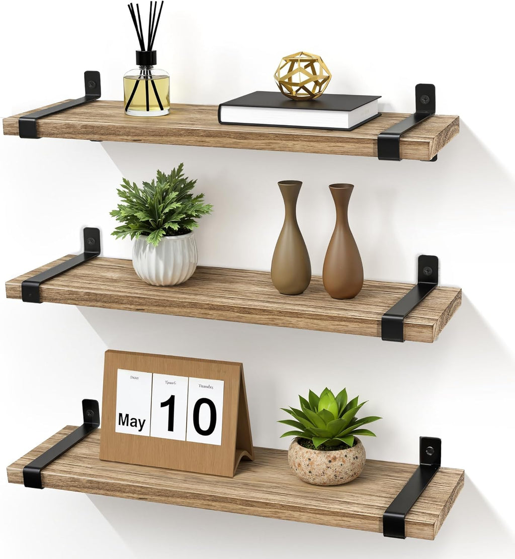 Houten wandplanken, set van 3, kleine wandplanken, zwart metaal, verwijderbare planken, geen boorgaten nodig, massief hout, industrieel, vintage, keuken, woonkamer