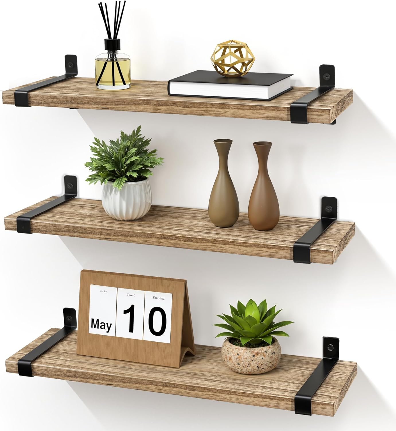 Houten wandplanken, set van 3, kleine wandplanken, zwart metaal, verwijderbare planken, geen boorgaten nodig, massief hout, industrieel, vintage, keuken, woonkamer
