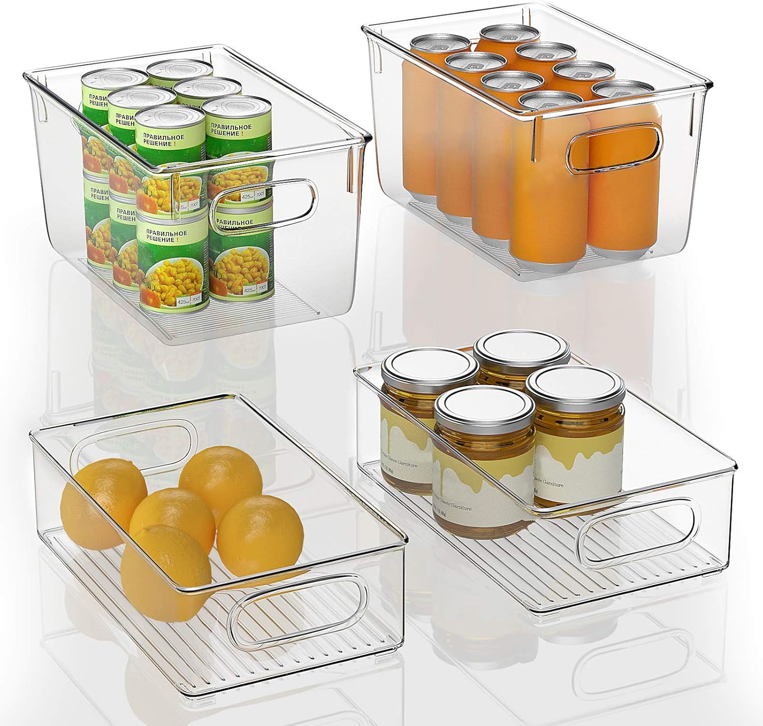 Set van 4 stapelbare koelkastorganizers – 2 grote / 2 middelgrote opbergbakken voor diepvriezers, aanrechtbladen en kasten, doorzichtige kunststof voorraadbakken,