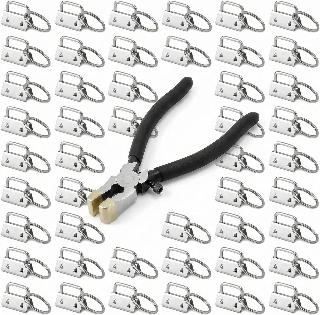 Pakket van 40 zilveren lanyard-blanks met sleutelring en 1 vouwtang, voor 25 mm breed bandmateriaal
