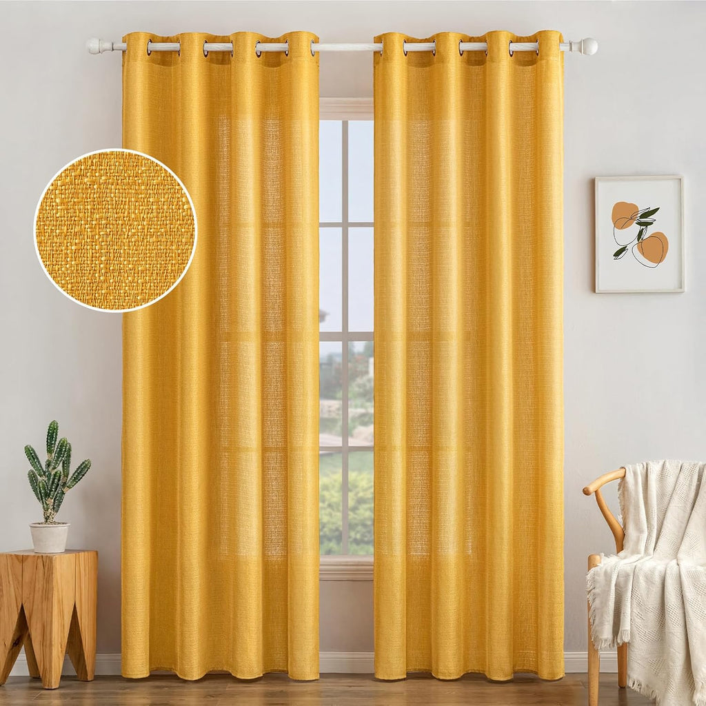 Set van 2 voile gordijnen, transparant linnen gordijn met oogjes, onregelmatige textuur, gordijn met oogjes, doorschijnend raamgordijn voor de slaapkamer