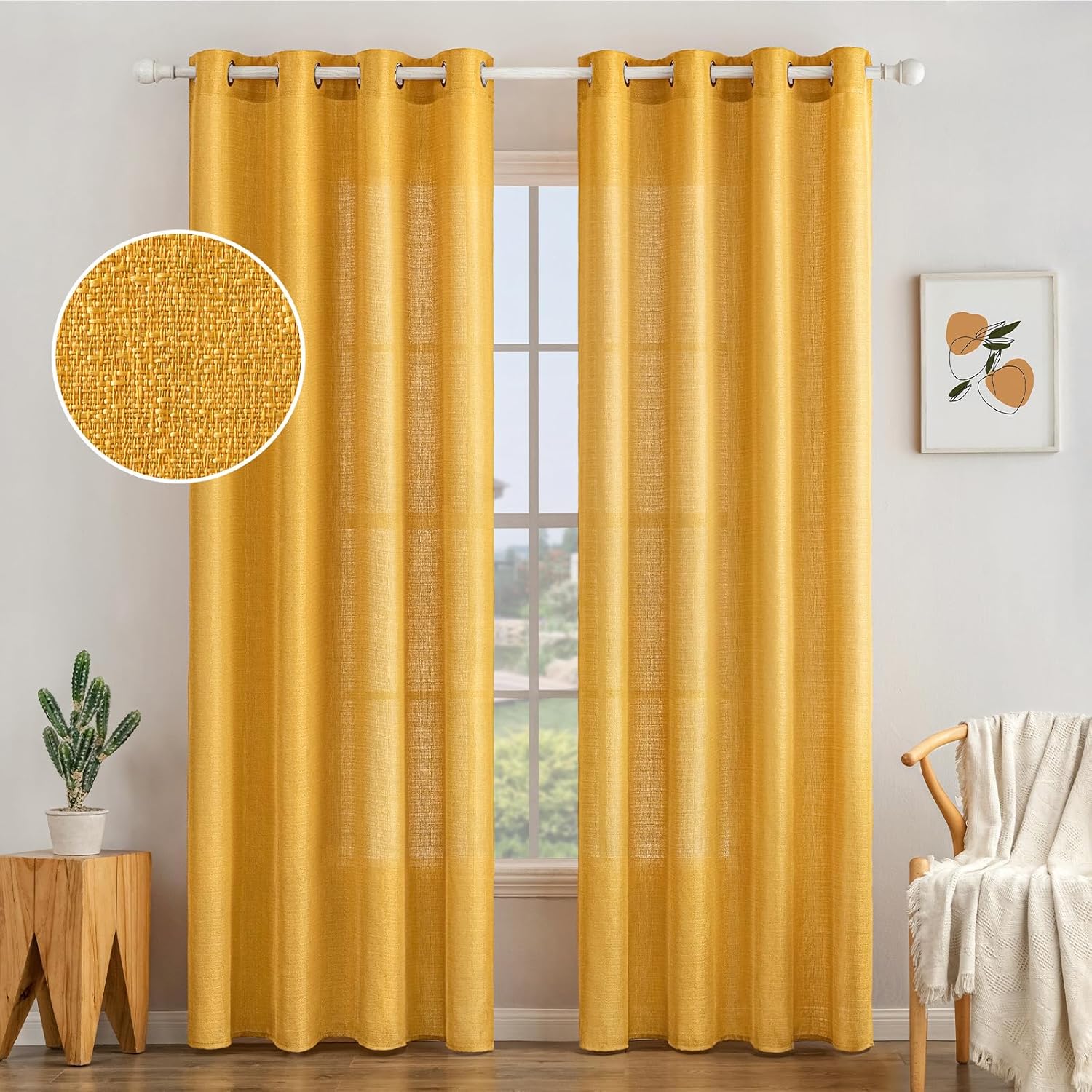 Set van 2 voile gordijnen, transparant linnen gordijn met oogjes, onregelmatige textuur, gordijn met oogjes, doorschijnend raamgordijn voor de slaapkamer