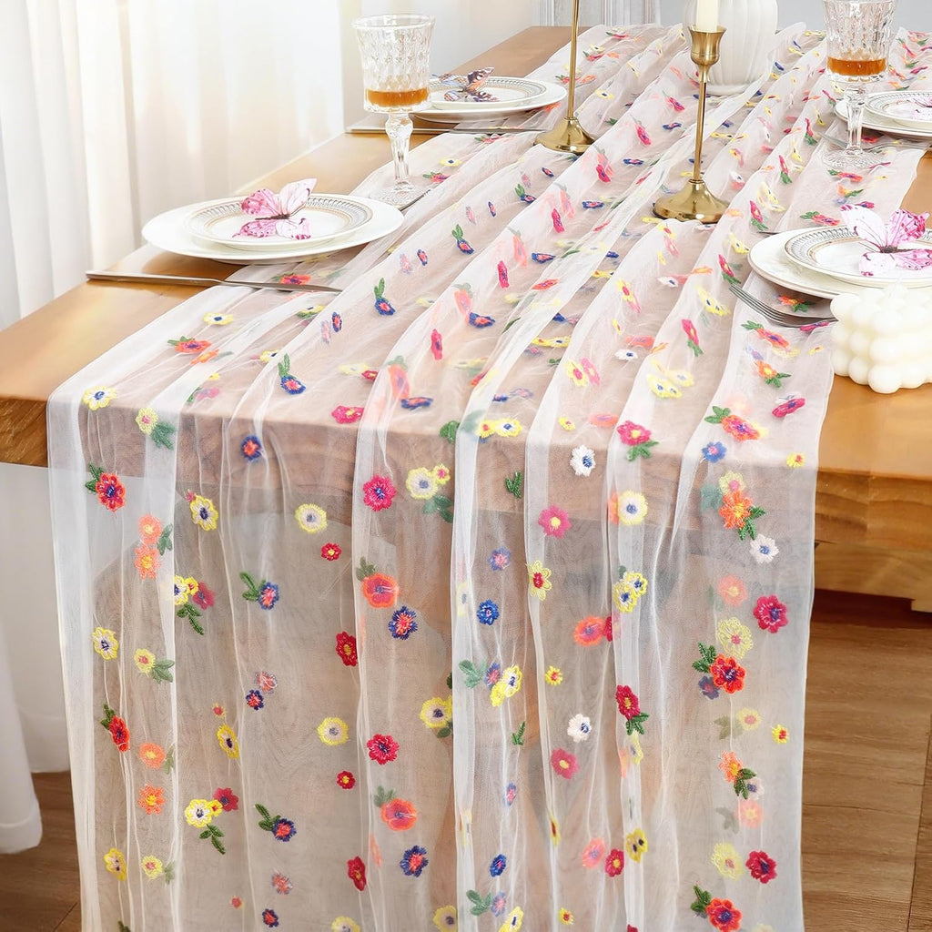 Met tule geborduurde tafelloper, wit, 72 x 300 cm, tafelloper van kaasdoek, chiffonbloemen, tafeldecoratie, gaas-tafelkleed, tafelloper met madeliefjes