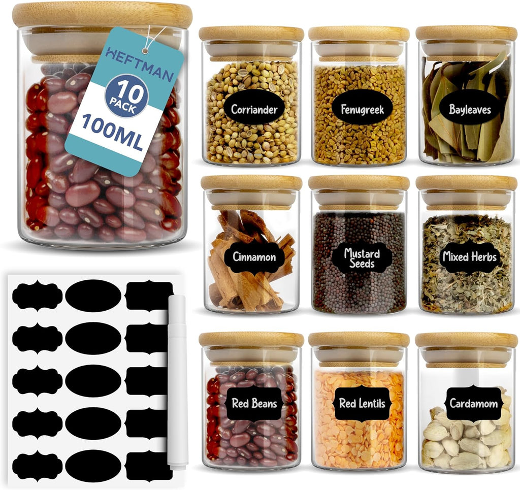 Kruidenpotjes van 100 ml – set van 10 met bamboedeksel en luchtdichte sluiting – bewaarpotjes van borosilicaatglas voor kruiden, specerijen, thee, koffie, rijst en meer –