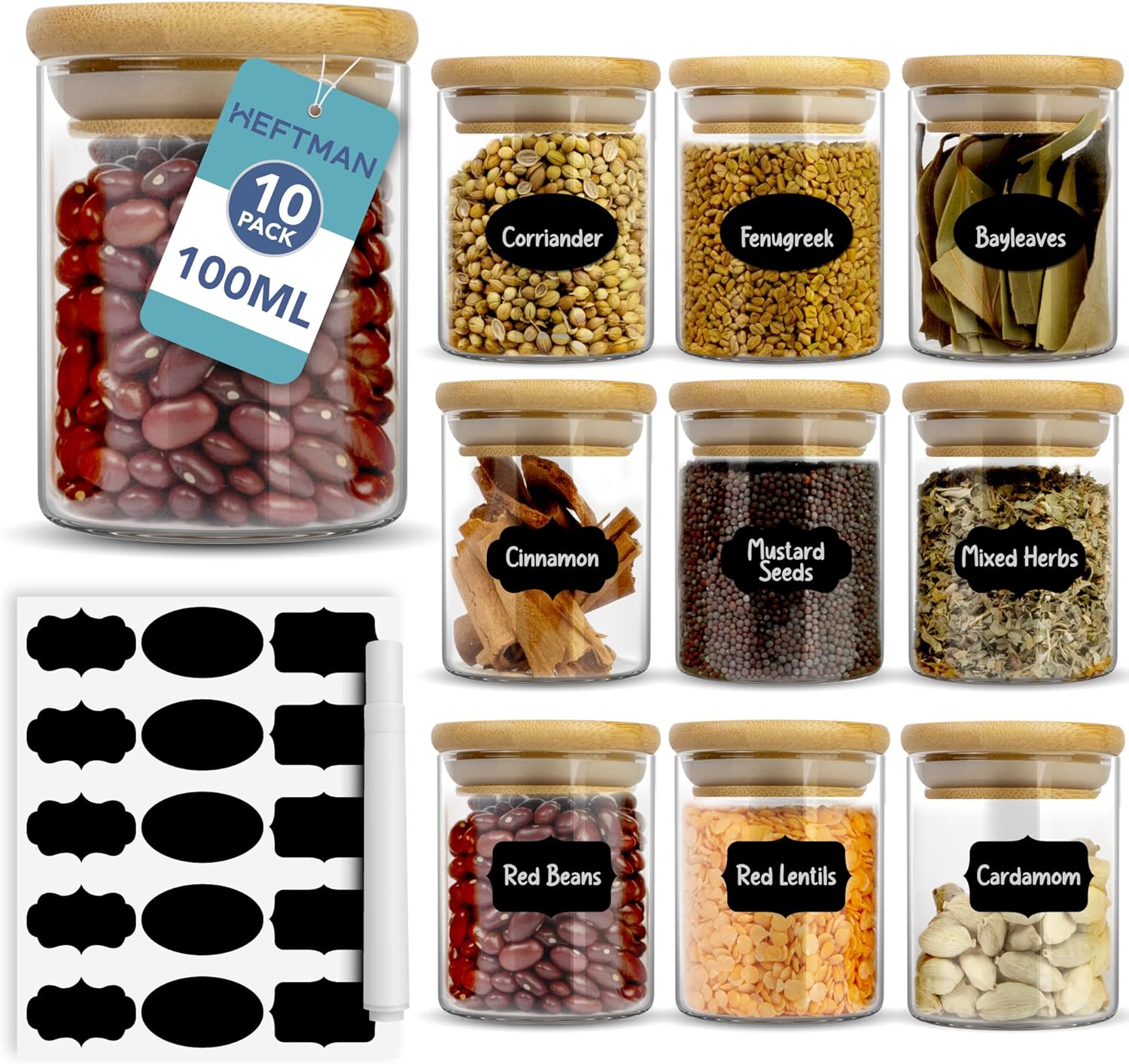 Kruidenpotjes van 100 ml – set van 10 met bamboedeksel en luchtdichte sluiting – bewaarpotjes van borosilicaatglas voor kruiden, specerijen, thee, koffie, rijst en meer –
