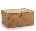 Zeegras opbergmand met deksel, gevlochten rieten mand, bureau mand, rechthoekig, badkamer, opbergdoos, woonkamer, decoratief, onder plank, mand, multifunctioneel