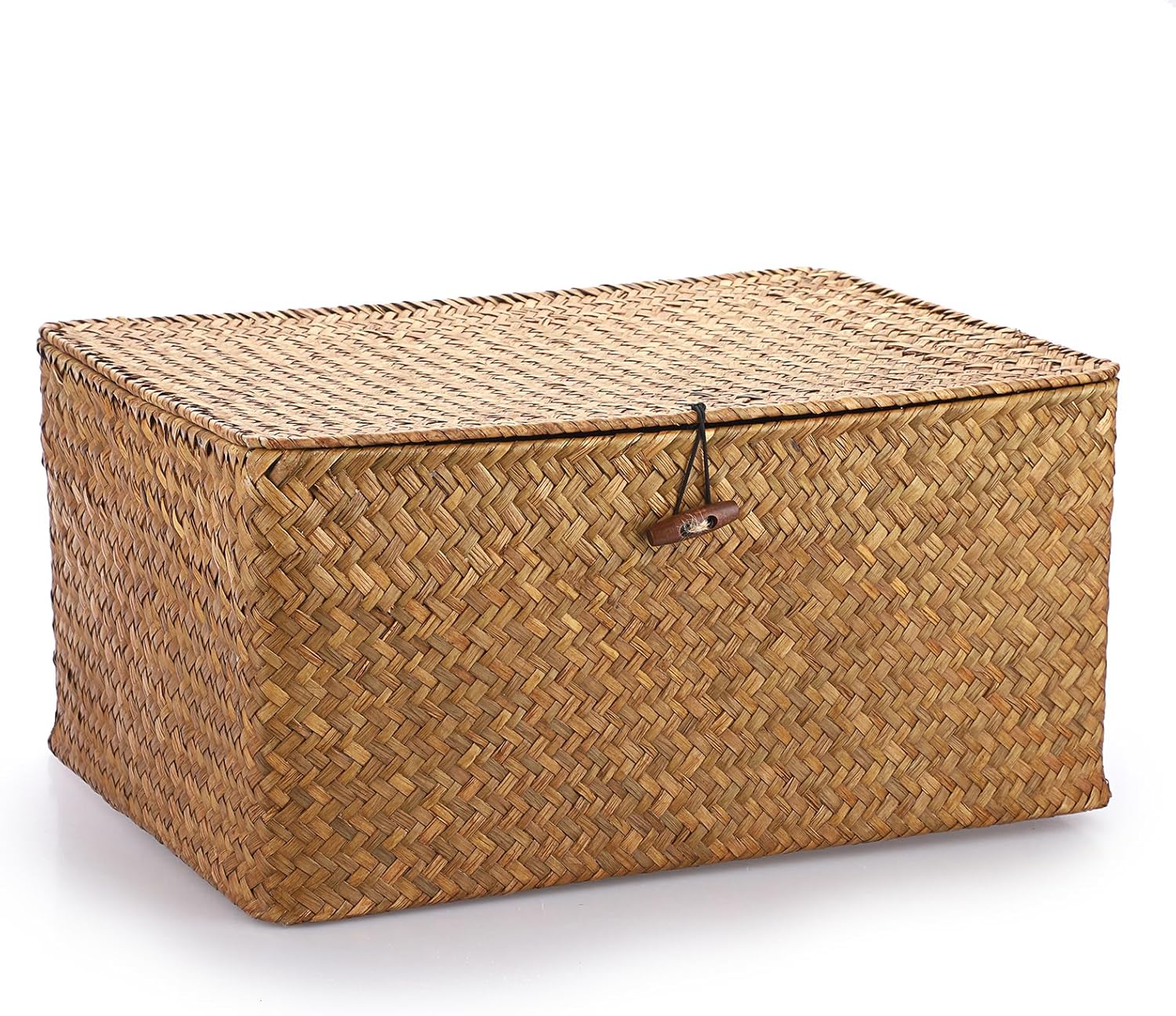Zeegras opbergmand met deksel, gevlochten rieten mand, bureau mand, rechthoekig, badkamer, opbergdoos, woonkamer, decoratief, onder plank, mand, multifunctioneel