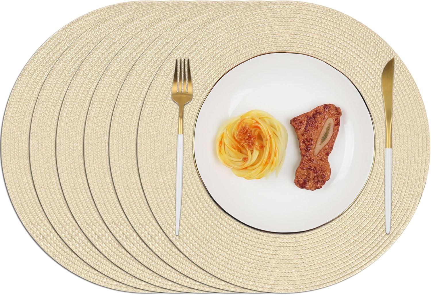 Ronde placemats, set van 6, wasbaar, 34 cm, hittebestendige placemats, onderleggers voor in de keuken, diner (beige)