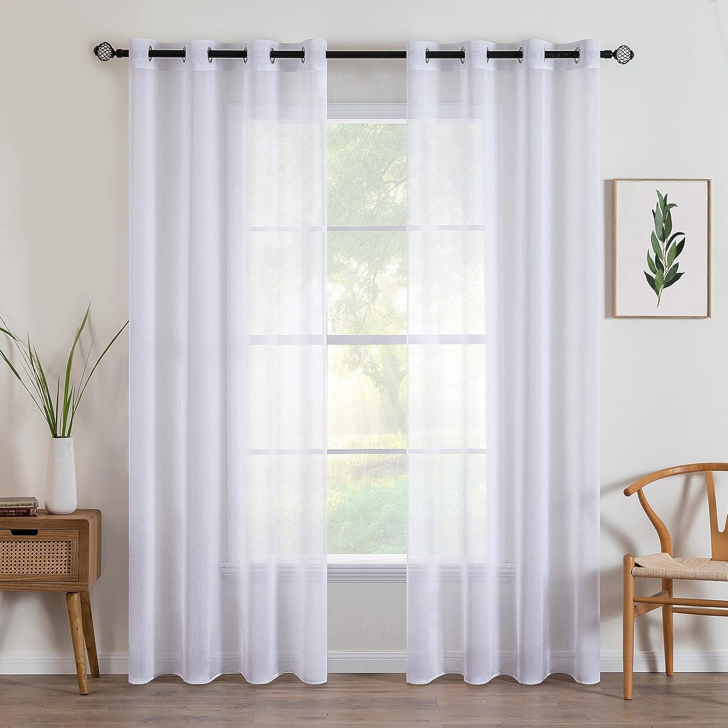 Transparante voile gordijnen met oogjes, set van 2, transparant, luchtig, decoratief, polyester, voor woonkamer, slaapkamer, 140 x 225 cm (B x H), oogjes aan de bovenkant, Wh