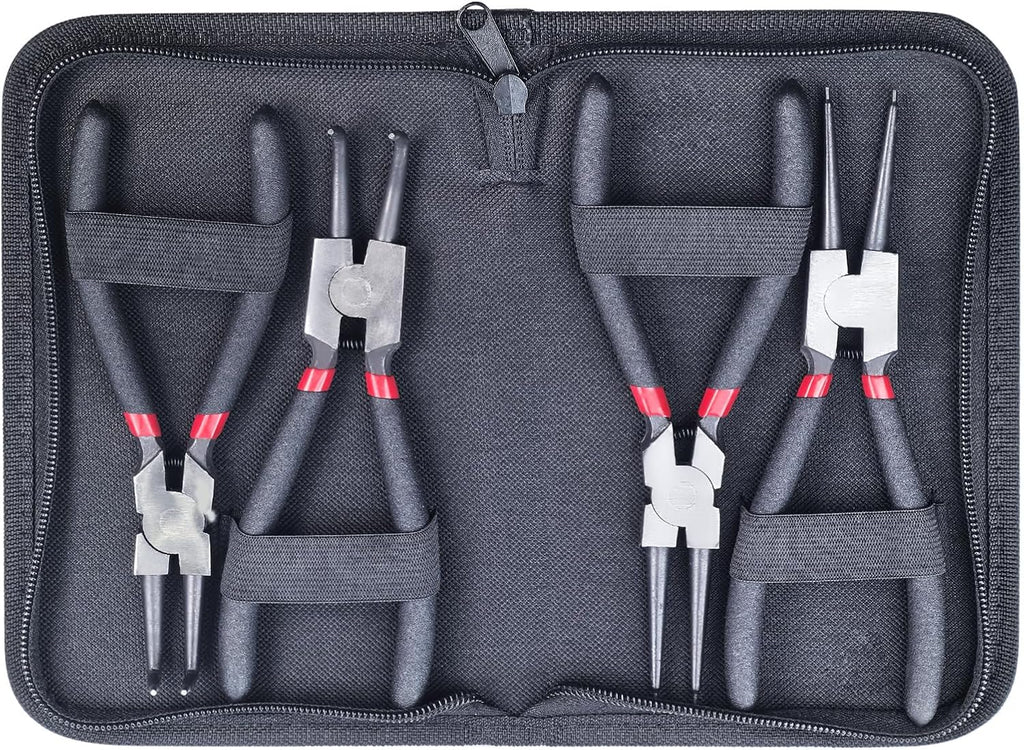 4-delige set borgringtangen, 160 mm borgringtang (binnen- en buitentang) met duurzame veren en opbergtasjes, antislip borgringtang, gebogen ringtang