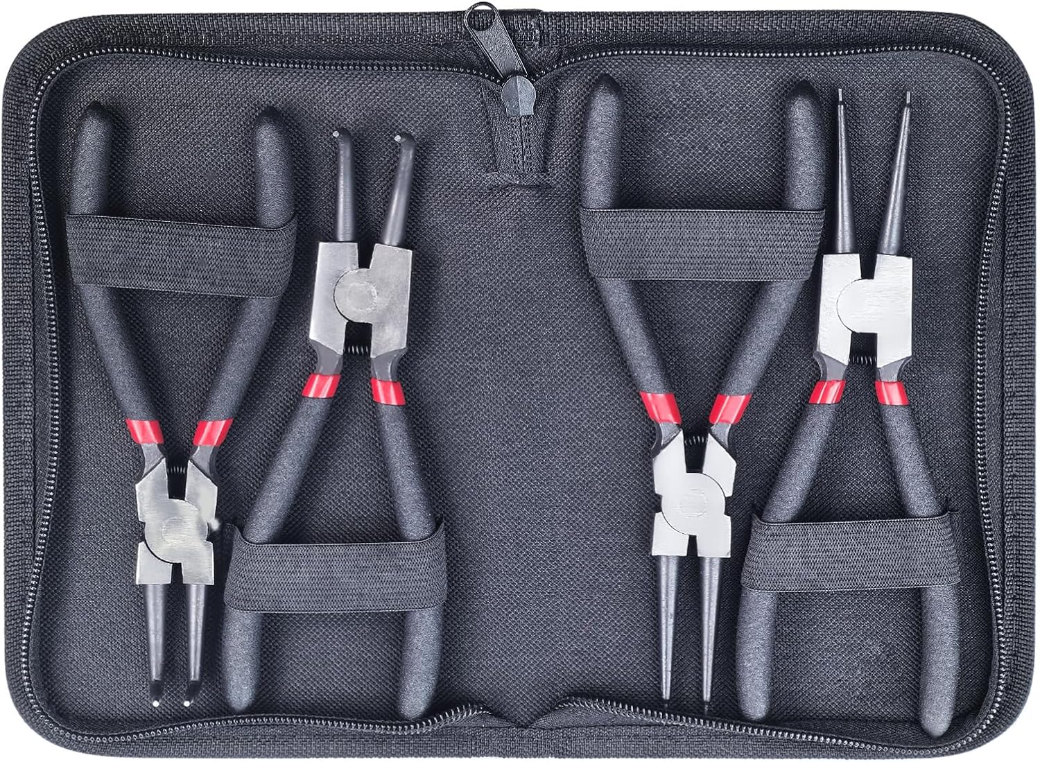 4-delige set borgringtangen, 160 mm borgringtang (binnen- en buitentang) met duurzame veren en opbergtasjes, antislip borgringtang, gebogen ringtang
