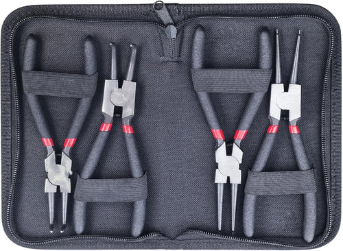 4-delige set borgringtangen, 160 mm borgringtang (binnen- en buitentang) met duurzame veren en opbergtasjes, antislip borgringtang, gebogen ringtang