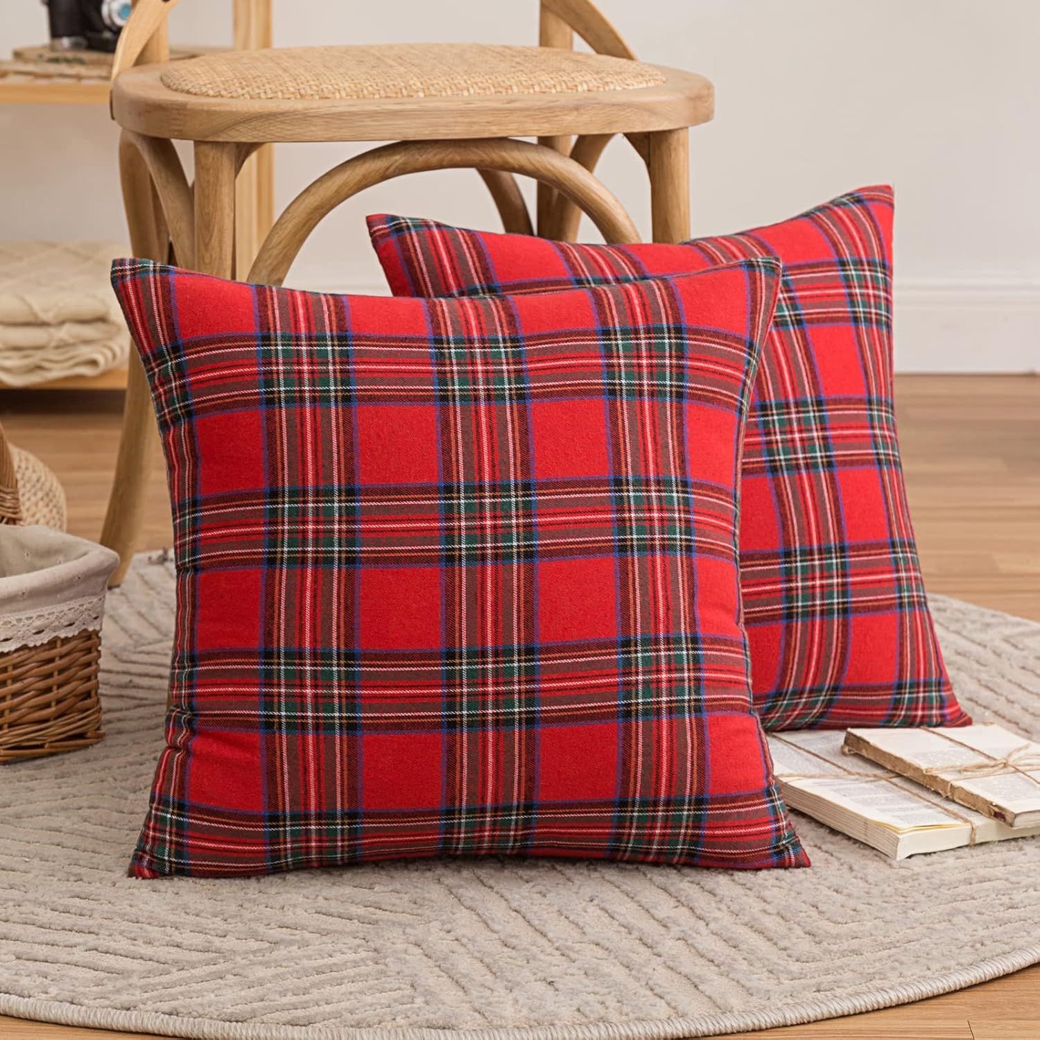Set van 2 Schotse sierkussenhoezen, kussenhoezen met rood tartanruitpatroon en verborgen ritssluiting, voor bank, slaapkamer, woonkamer, auto, 45 x 45 cm, grote Te