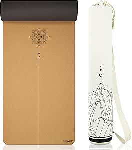 Premium kurken yogamat (4 mm dik) – antislip fitnessmat met hulplijnen – pilatesmat + yogatas