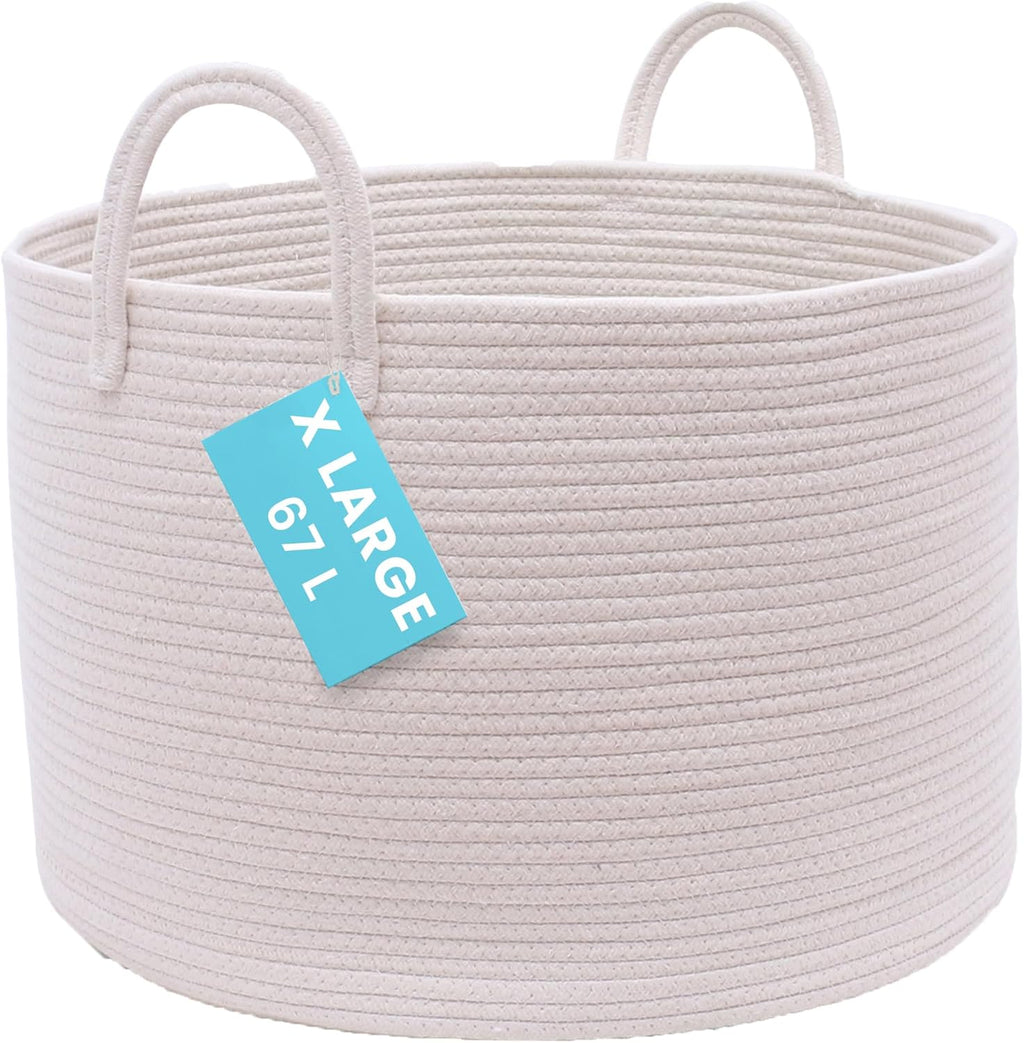 Opbergmand, speelgoedmand, wasmand, gevlochten, katoen, met handvatten, handdoekenmand voor de badkamer, gevlochten opbergmand voor de woonkamer, 50 x 33