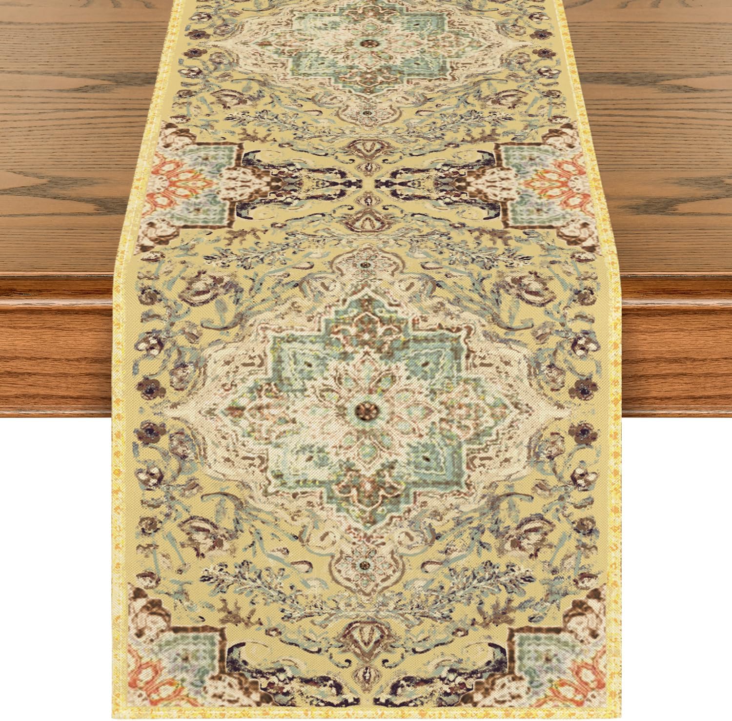 Tafelloper in boho-bohemienstijl, vintage geel, voor de zomer, feesttafel, decoratie voor keukentafel en eettafel, voor binnen, feestdagen, feestdecoratie, 40 x 140 cm