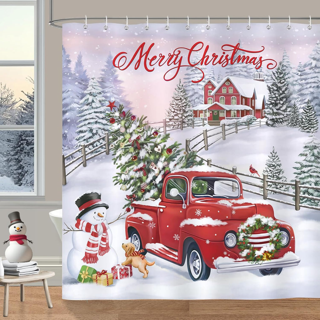 Douchegordijn Kerstvrachtwagen Kerstboom Kerstman Winterdouchegordijnen 180 x 180 cm Schimmelbestendig Waterdicht polyesterweefsel Wasbaar Badkamer