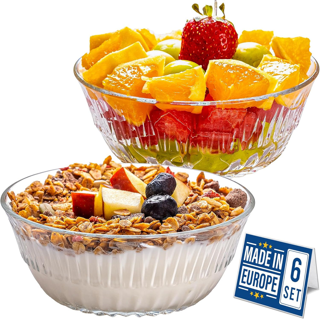 Premium glazen schalen, set van 6, 345 ml, 100% loodvrije, stapelbare kristallen dessertschalen, dessertbekers, puddingkommen, slakommen, sauskom