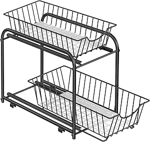 Keukenorganizer, keukenrek, opbergsysteem, 2 niveaus, stapelbaar, uitbreidbaar, met metalen manden, voor keuken, badkamer, diepzwart KCS017B01V1