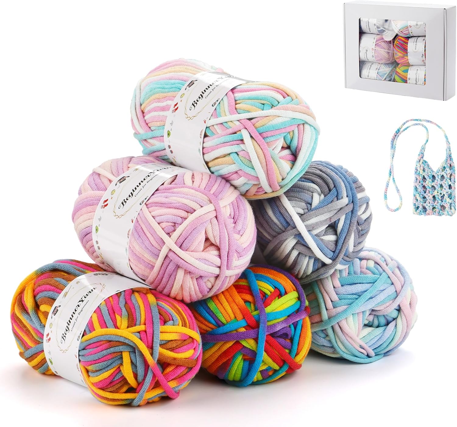 6 stuks x 50 g dik haakgaren, textielgaren voor beginners, goed zichtbare steken, kleurrijk garen, katoen-nylon menggaren, haakgaren, me