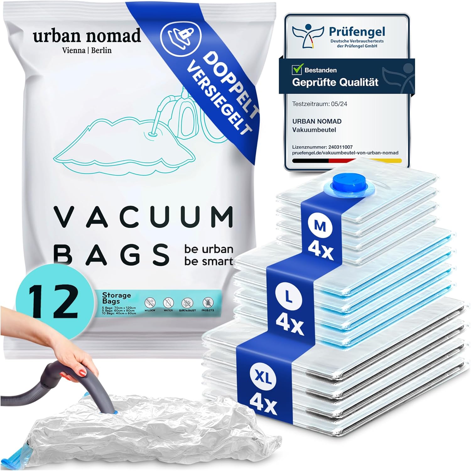 Vacuümzakken set voor kleding, set van 12, 3 maten, vacuümzakken voor stofzuigers, herbruikbaar, 100% luchtdicht & stevig, reiscompressiezakken, kledingzakken, opbergen