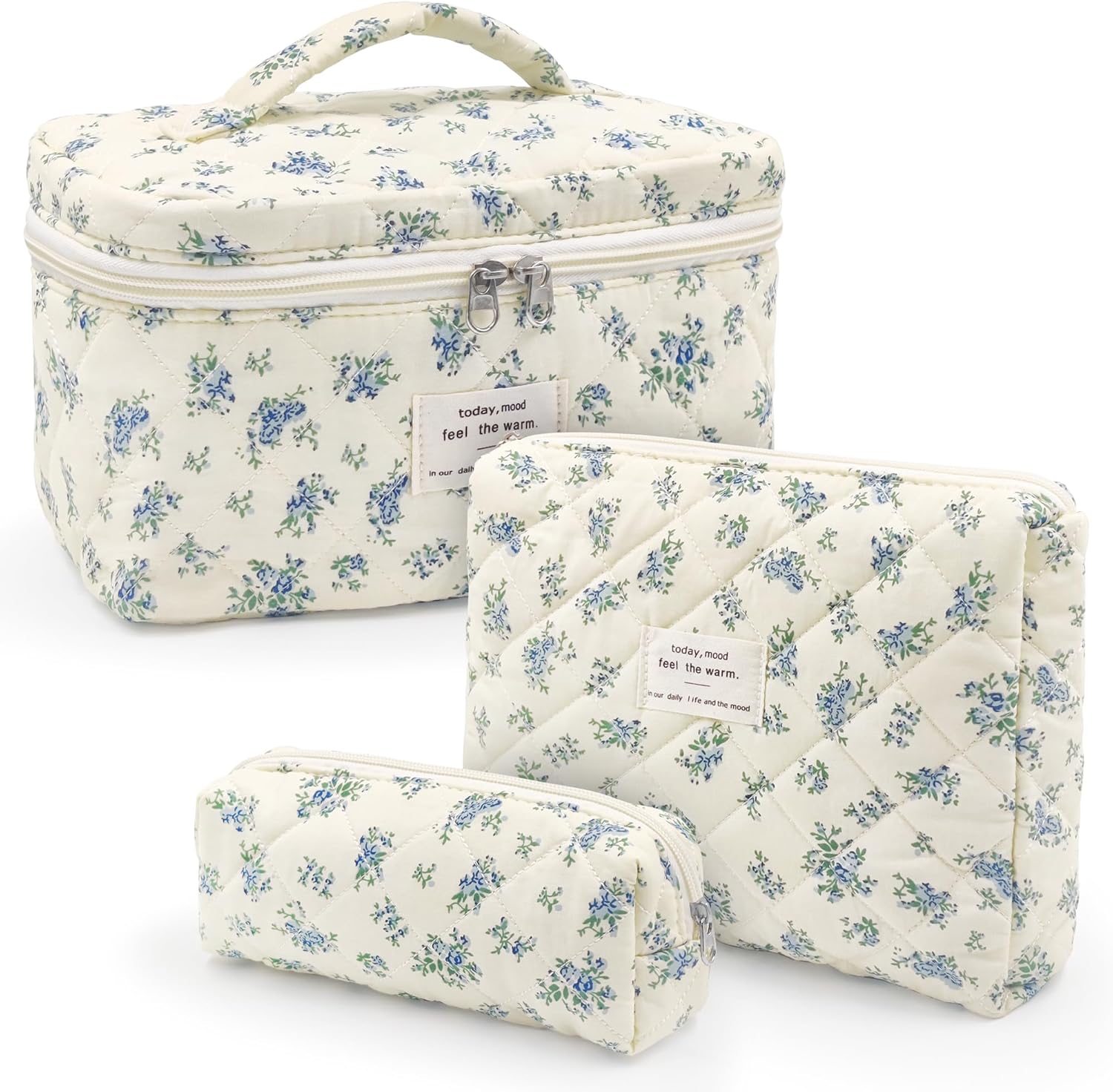 Set van 3 toilettassen, toilettas voor dames, met bloemenpatroon, toilettas, draagbare toilettas, toilettas, waszak, groot, voor vrouwen en meisjes, m