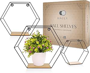 Set van 3 zeshoekige wandplanken, zwarte metalen zwevende planken met houten legplank, moderne honingraatplank voor woonkamer, slaapkamer, keuken & kantoor, stevig staal