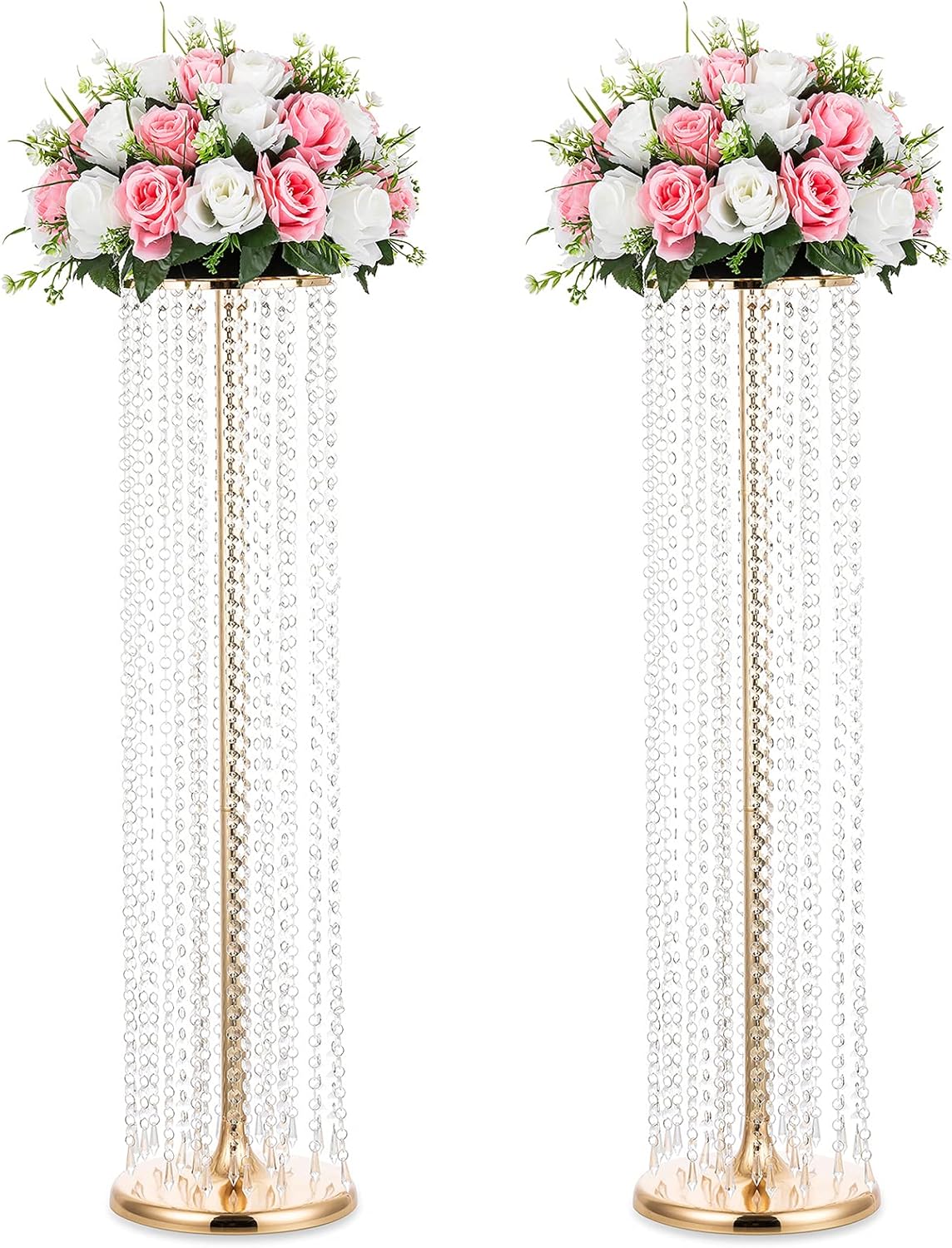 2 x bloemenstandaard, hoog, goud, 90 cm, kristallen bruiloftstafelversiering, metalen bloemenvazen voor feesttafelversieringen, elegante decoratie voor bruiloften, T