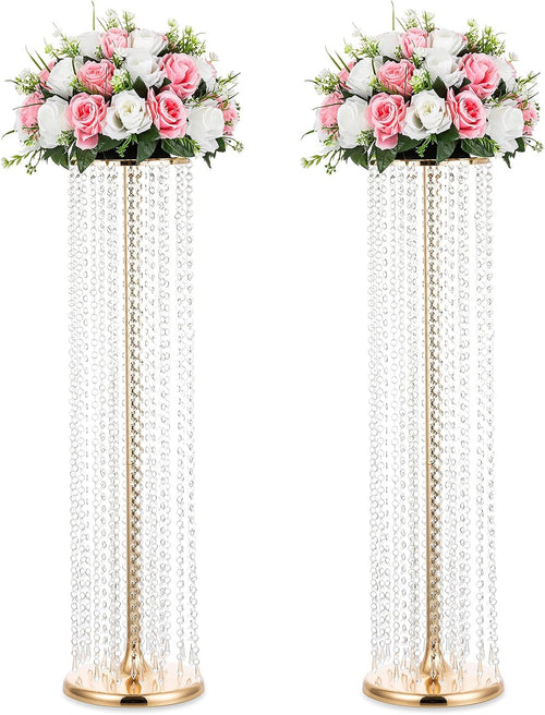 2 x bloemenstandaard, hoog, goud, 90 cm, kristallen bruiloftstafelversiering, metalen bloemenvazen voor feesttafelversieringen, elegante decoratie voor bruiloften, T
