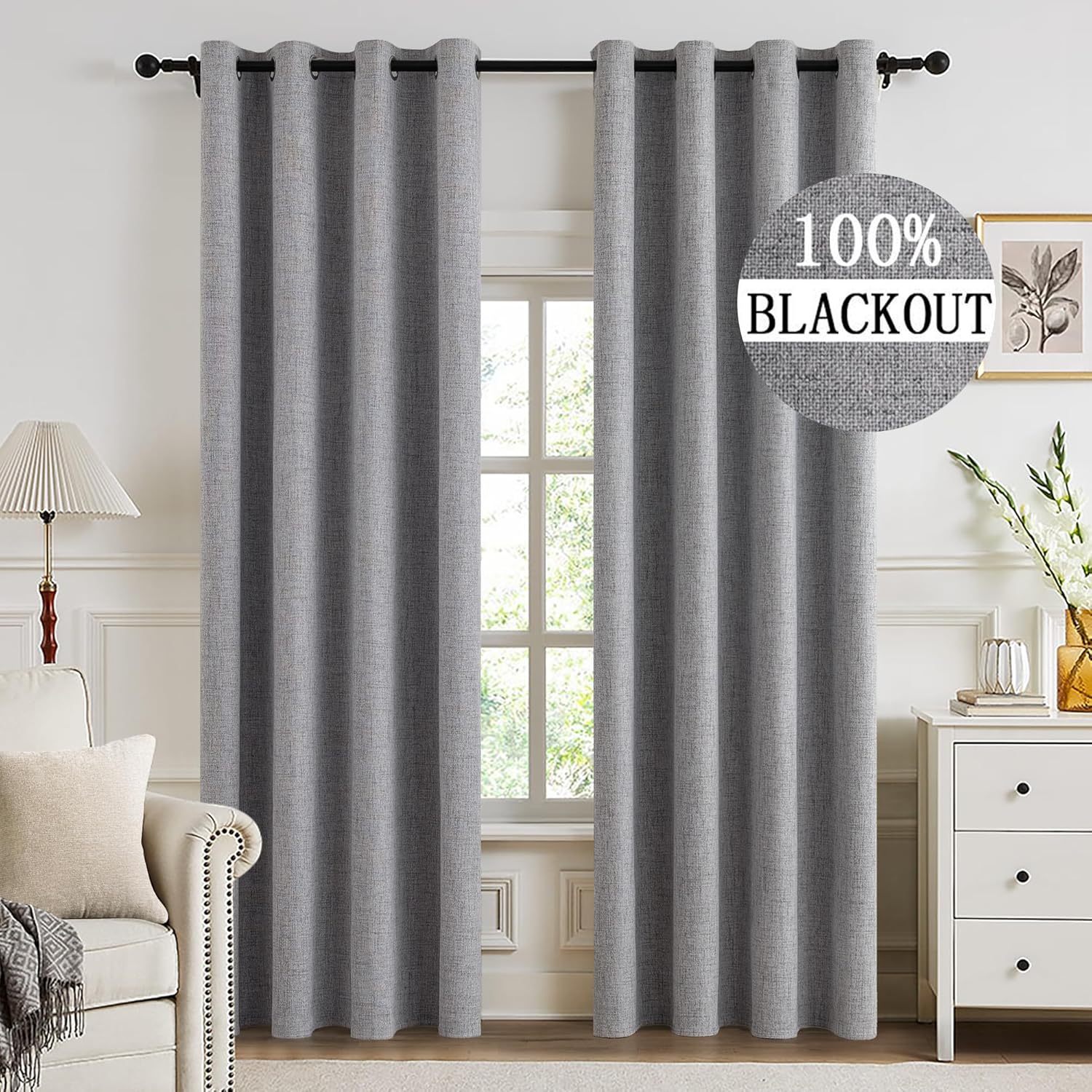 Verduisteringsgordijnen met oogjes, gordijnen, linnenlook, set van 2, 280 x 140 cm, lichtgrijs, ondoorzichtig, met ringen, thermogordijn, koudebescherming