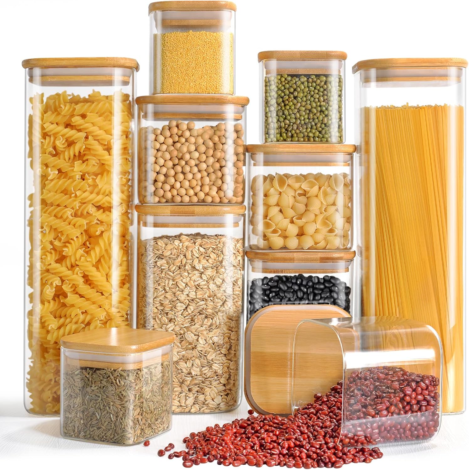 Glazen voorraadpotten met deksel, set van 10, vierkante voorraadpotten, 2500 ml/1500 ml/750 ml/350 ml, grote voorraadpotten, luchtdichte glazen potten, keuken