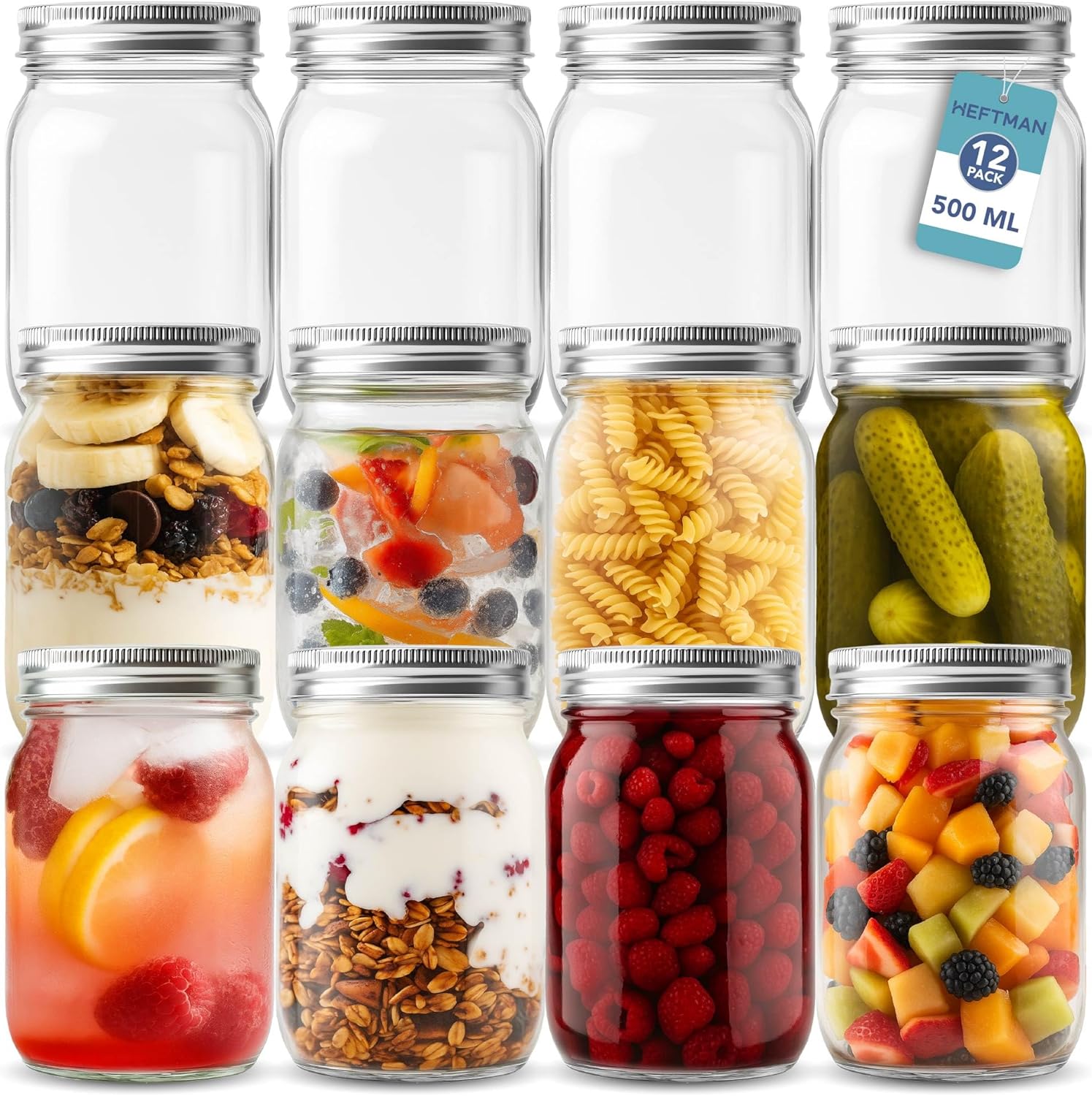 Glazen weckpotten met deksel, luchtdicht, 500 ml, voor overnight oats, zelfgemaakte jam, stevig glas met deksel voor honing, inmaken, conserveren, bewaren