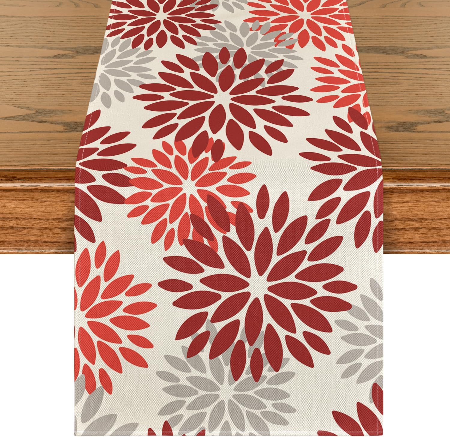 Tafelloper met rode dahlia's en herfstmotieven, seizoensgebonden kerstversiering voor de keukentafel, voor binnen, feestdagen, feestversiering, 40 x 240 cm