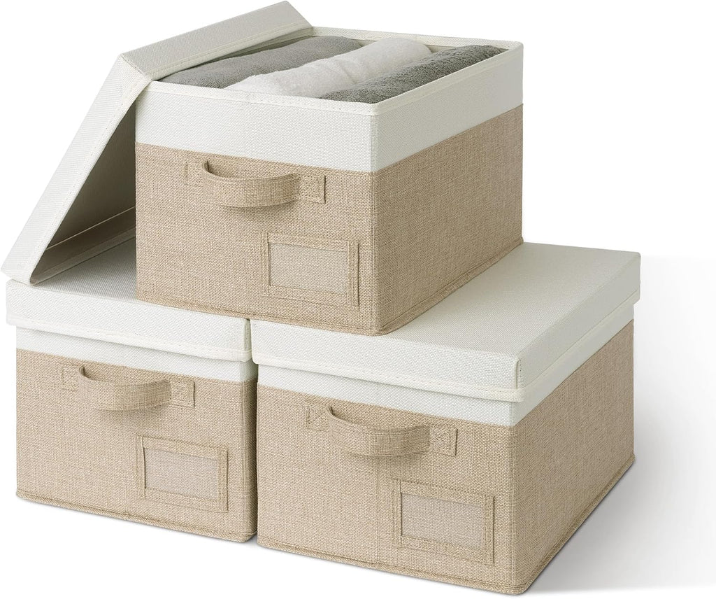 Opbergdozen met stoffen deksel, set van 3 opbergdozen voor kasten, kaki opbergdozen met deksel, opvouwbare opbergmand met deksel, kledingkast-organisatie