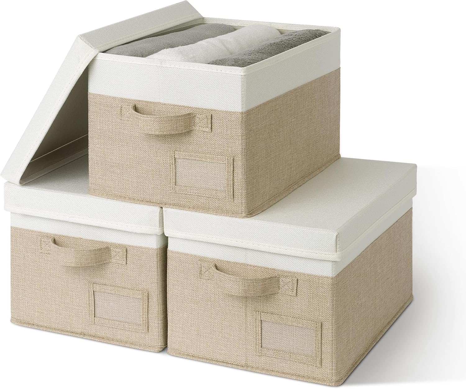 Opbergdozen met stoffen deksel, set van 3 opbergdozen voor kasten, kaki opbergdozen met deksel, opvouwbare opbergmand met deksel, kledingkast-organisatie
