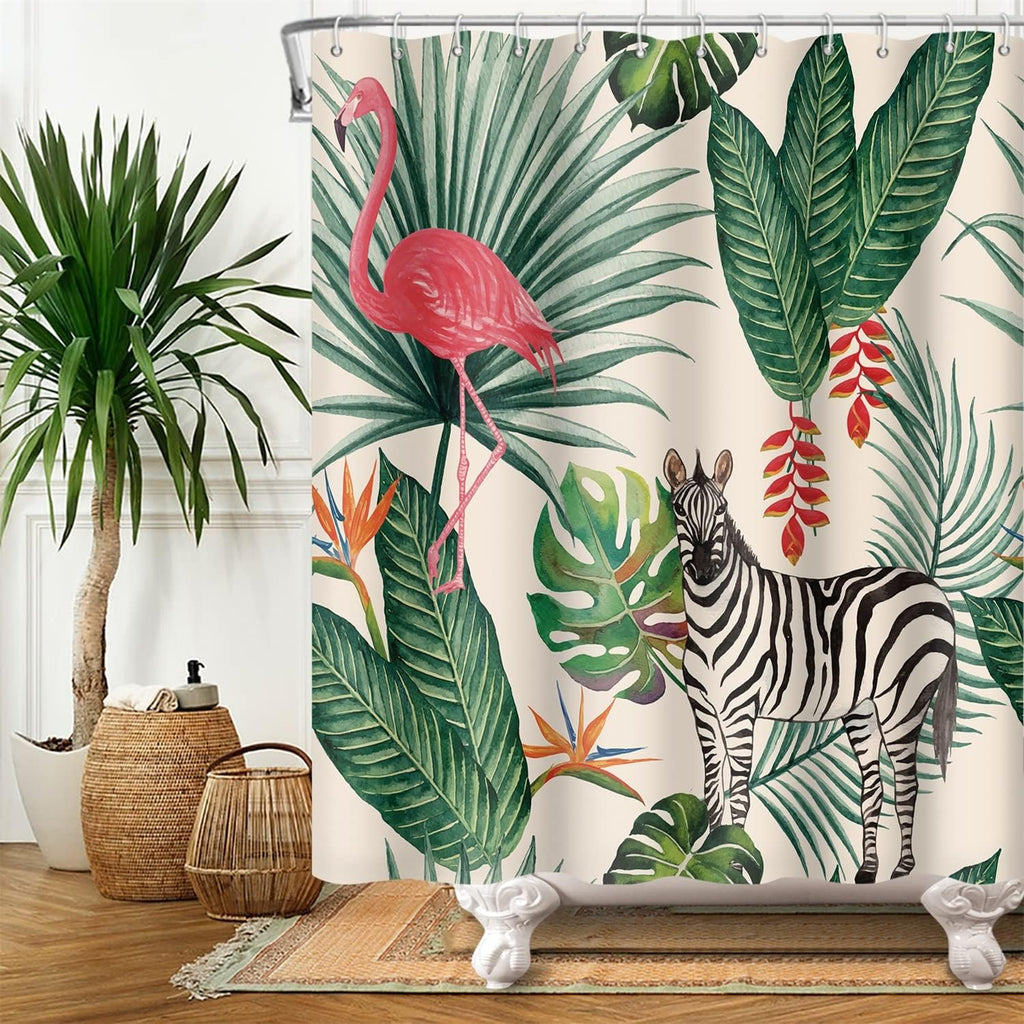 Flamingo-douchegordijn, tropische groene palmbladeren, bananenblad, paardenbadkamergordijn, badkamergordijn met zomers motief, stof, polyester, waterdicht, voor de badkamer