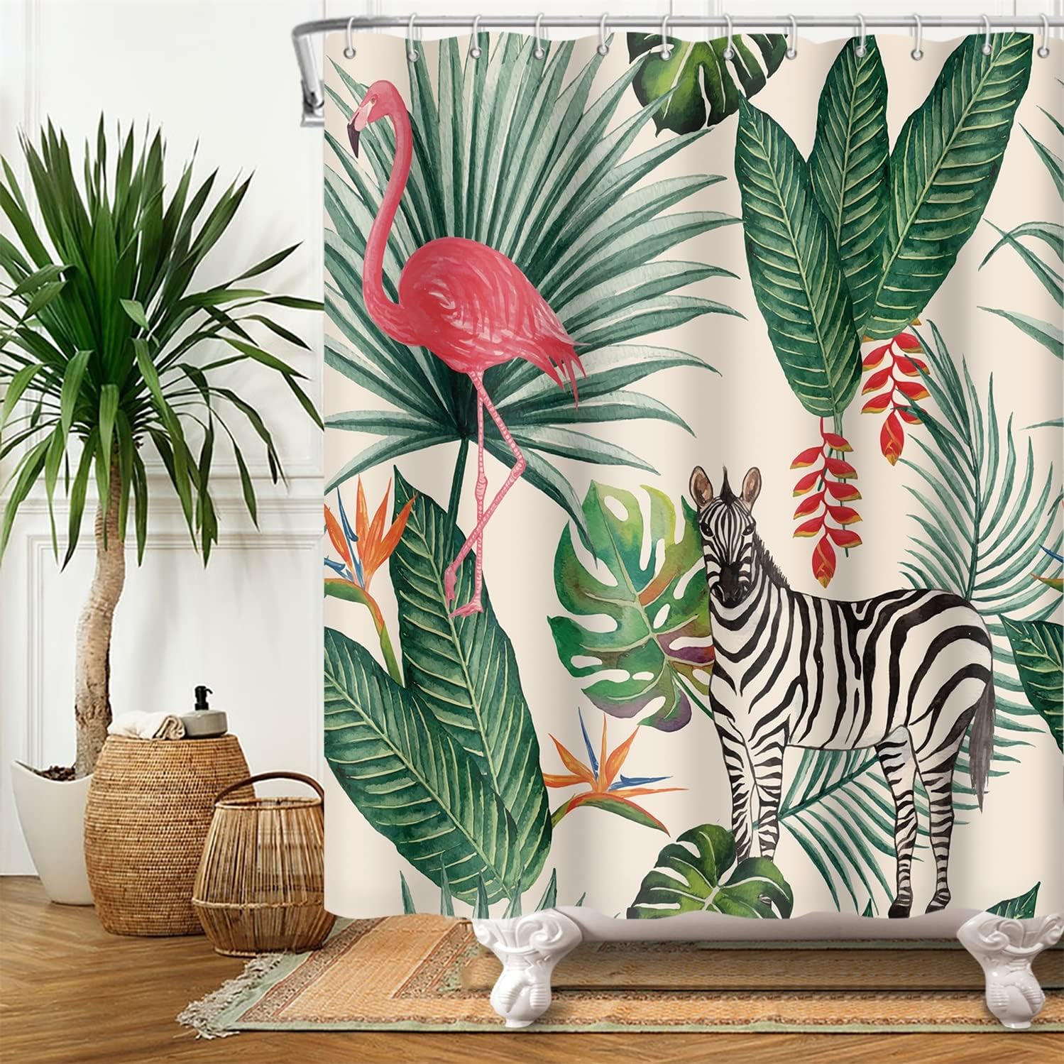 Flamingo-douchegordijn, tropische groene palmbladeren, bananenblad, paardenbadkamergordijn, badkamergordijn met zomers motief, stof, polyester, waterdicht, voor de badkamer