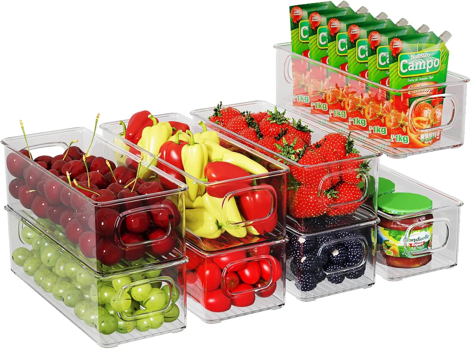 Koelkast-organizerset, 8-delig, stapelbare opbergdozen, kleine koelkastdozen met handvat, transparante bakjes voor keuken, kasten, vriezer, voorraadkast – BPA-vrij