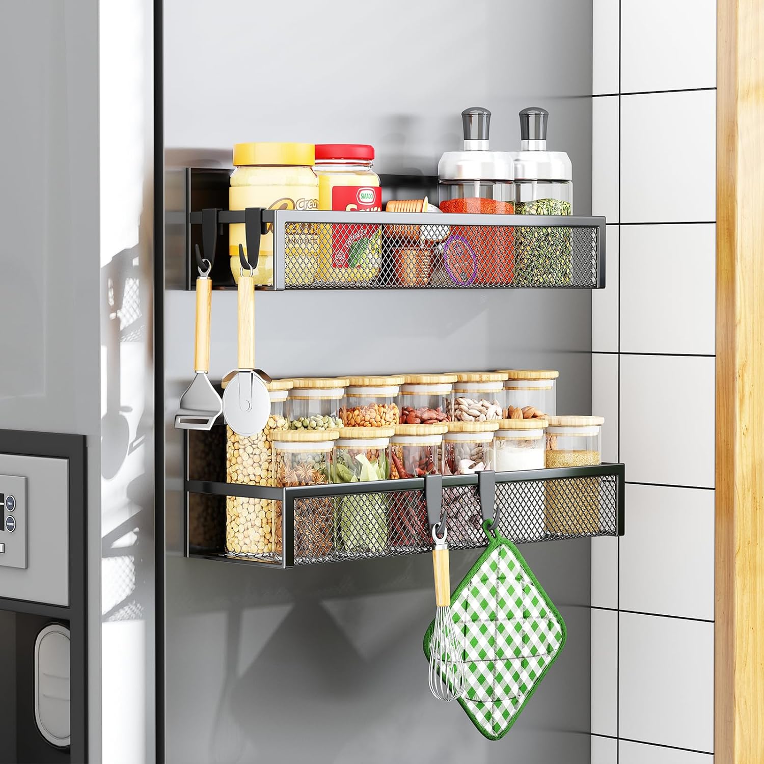 Magnetisch kruidenrek voor de koelkast, set van 2 magnetische rekken, koelkast-magneet-organizer met 4 beweegbare haken, magnetisch koelkastrek voor de keukenorganisatie