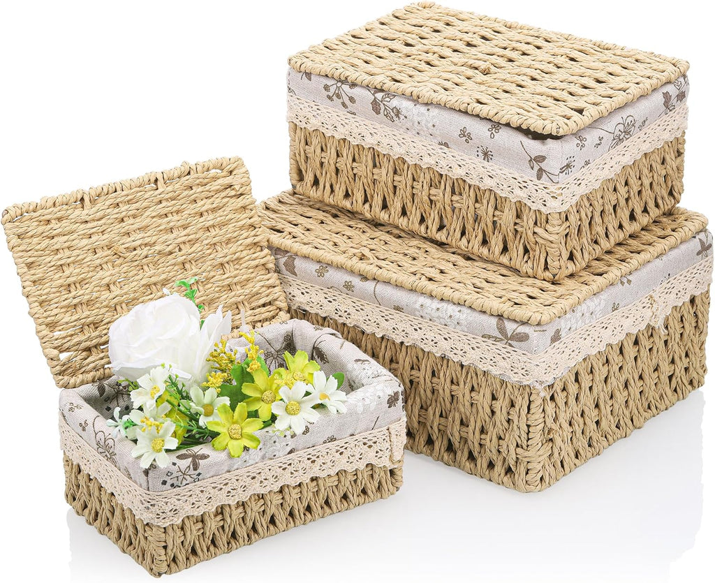 3-delige opbergmand met deksel, decoratieve mand, gevlochten, ruimtebesparende manden, opbergruimte, badkamer, geschenkmand, gevlochten opbergbox met uittrekbaar deel