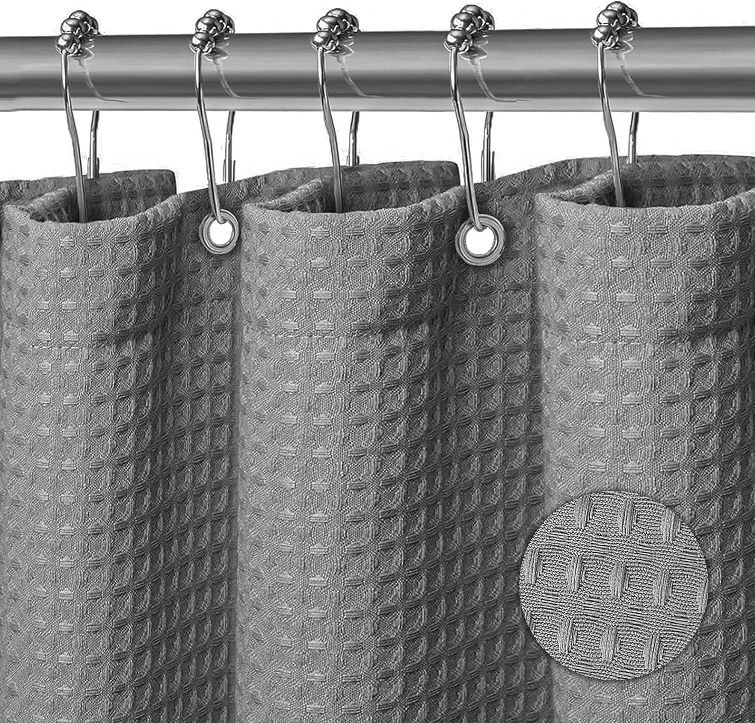 Douchegordijn, wasbaar, textiel, polyesterweefsel, douchegordijn met 12 metalen ringen, waterdicht, voor douche en bad, 180 x 200 cm, wafelpatroon