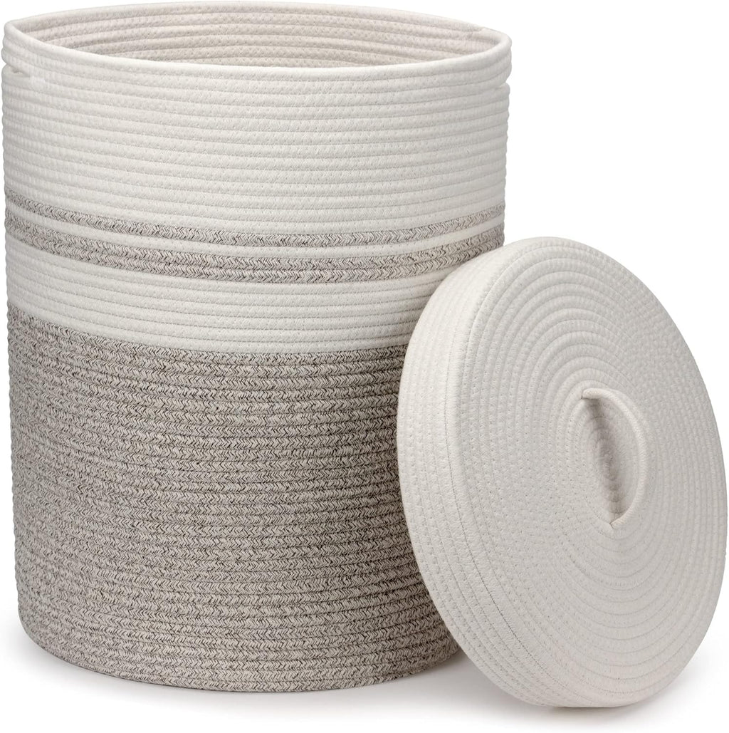 Opvouwbare wasmand met deksel, wasmand, gevlochten manden, groot en XXL, wit, bruin, katoenen mand, grote opbergmand (37 x 52 cm)