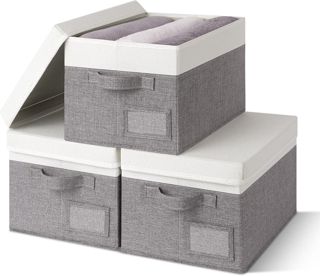 Opbergboxen met deksel, set van 3 voor kasten, grijs, opvouwbare opbergmanden, opbergboxen van stof