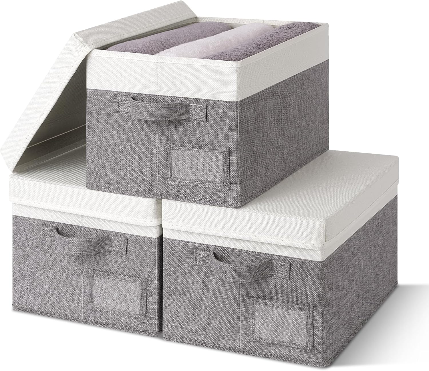 Opbergboxen met deksel, set van 3 voor kasten, grijs, opvouwbare opbergmanden, opbergboxen van stof