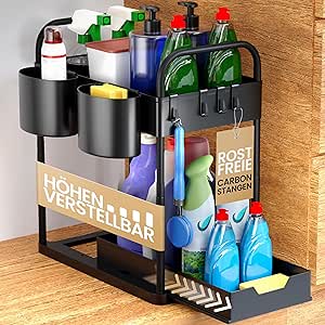 Plank voor onder de wastafel voor onderbouwkast, in hoogte verstelbaar, met 2 niveaus, in zwart | Keukenorganizer voor onderbouwkast, kruidenrek | Wastafel