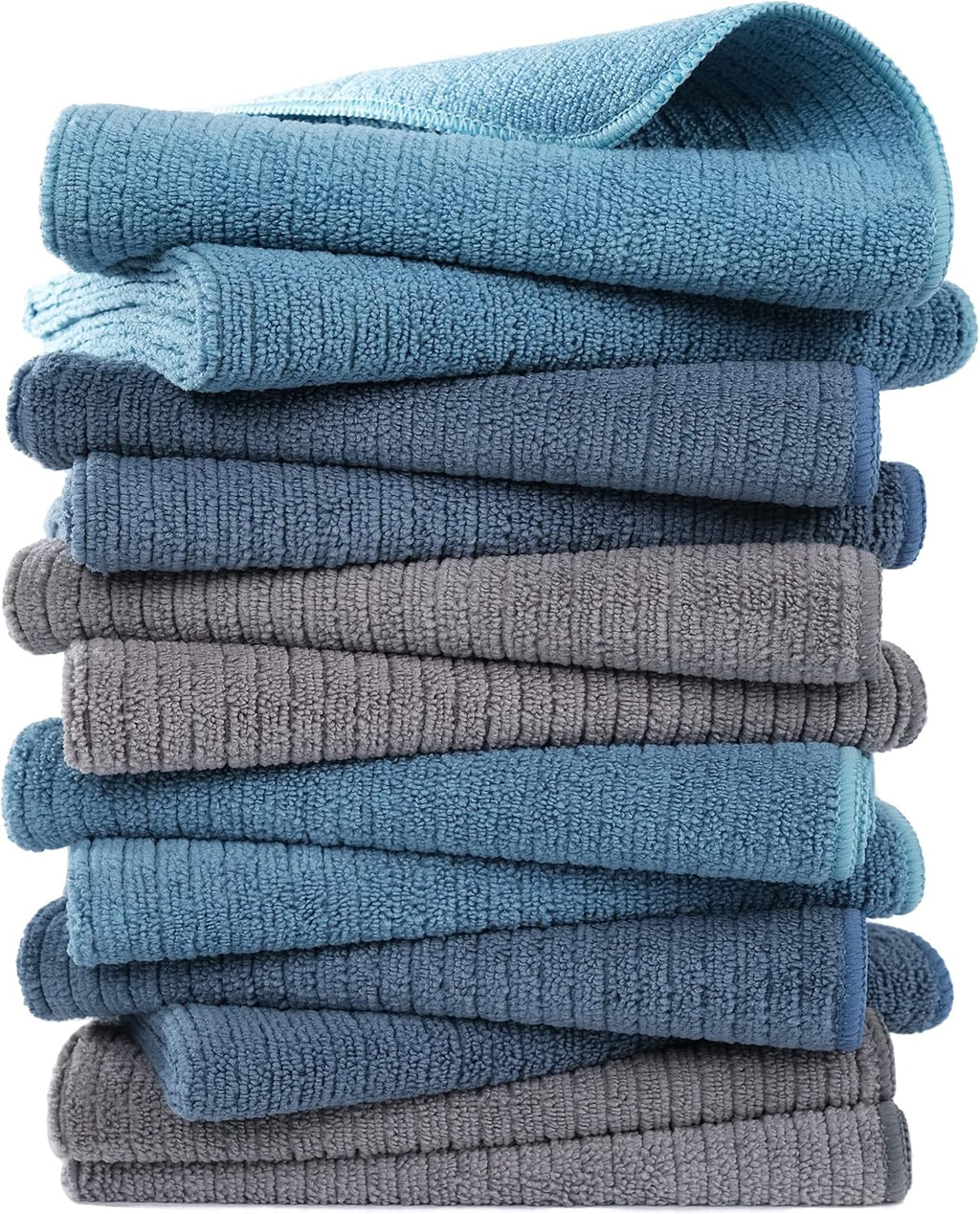 Premium microvezel keukendoek – geribbeld badstof – Blauw/Grijs/Turkoois – 40 x 70 cm – 12-pack